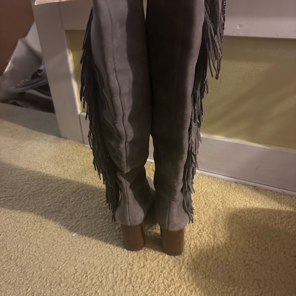Sam Edelman Gray Heeled Boots with Fringe
